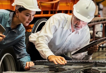 Manager reviews manufacturing